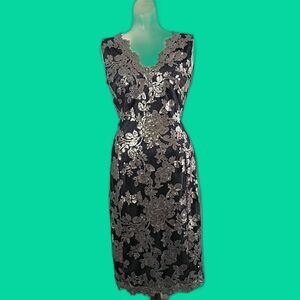 Tadashi Shoji Sequined Sleeveless Dress Sz 2 Black Mesh Over Gray Lining V Neck